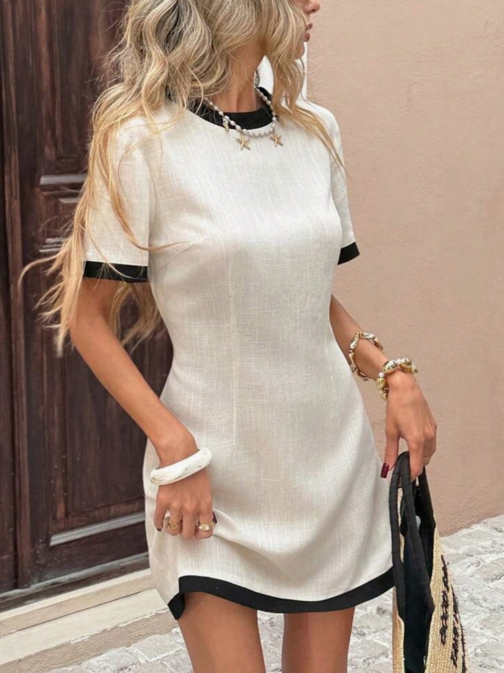 Ivory Mini Dress Black Trim Short Sleeve Shift Dress Size L